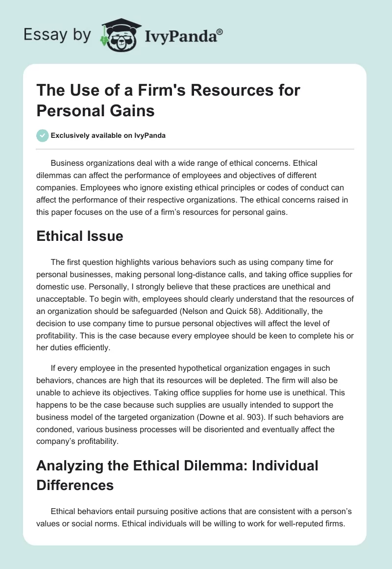 The Use of a Firm's Resources for Personal Gains. Page 1