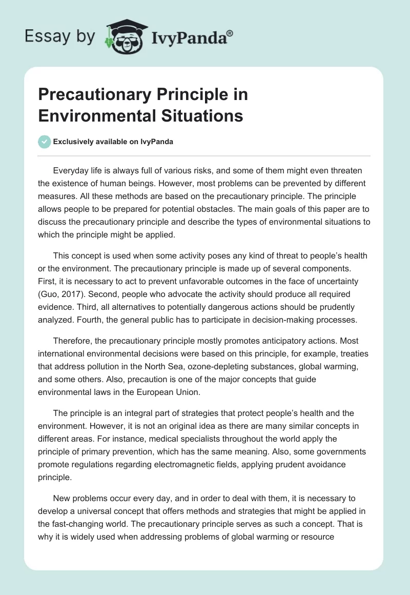 Precautionary Principle in Environmental Situations. Page 1