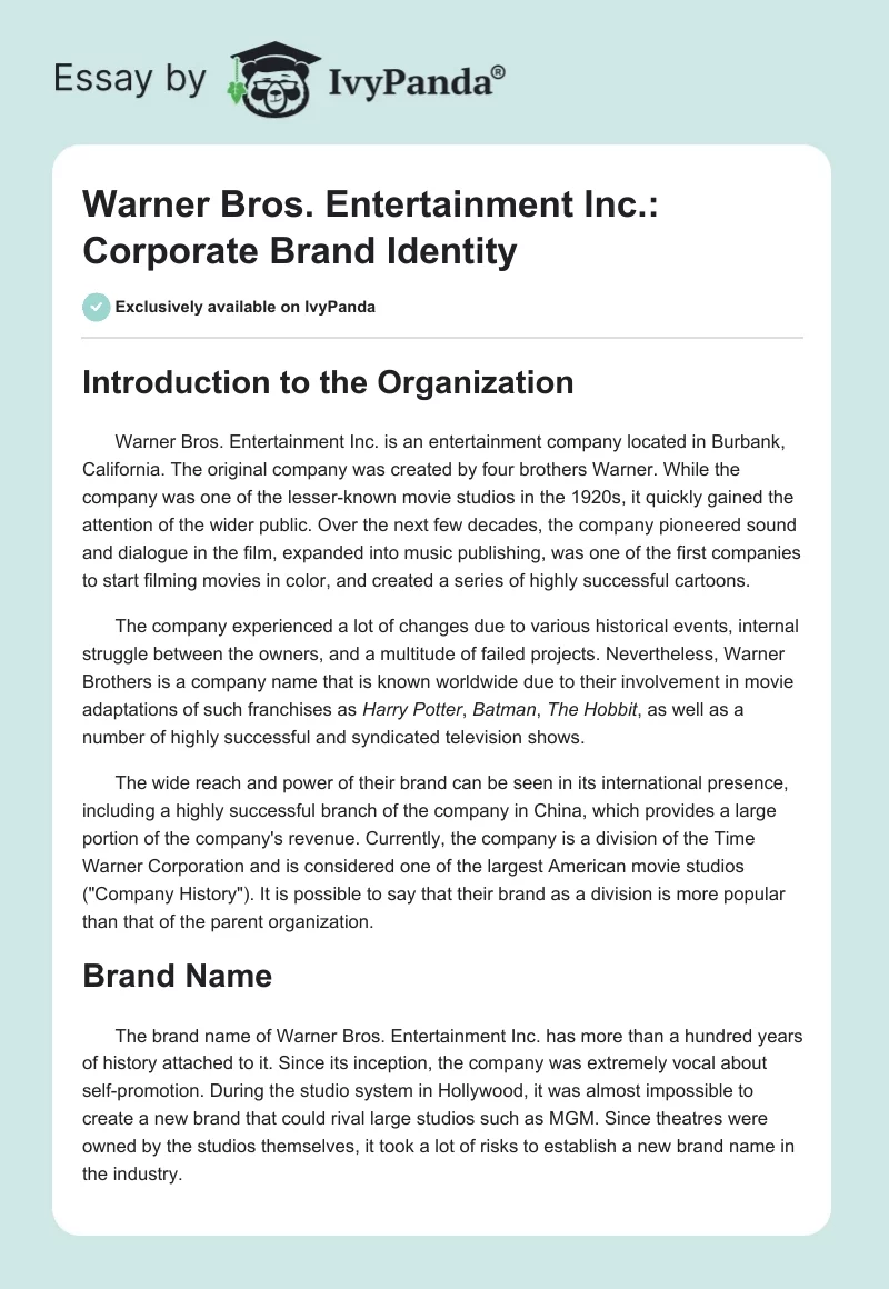 Warner Bros. Entertainment Inc.: Corporate Brand Identity. Page 1