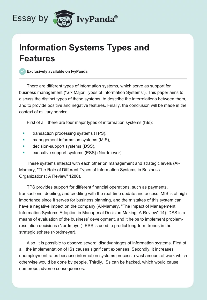 Information Systems Types and Features. Page 1