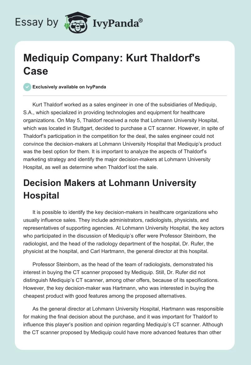 Mediquip Company: Kurt Thaldorf's Case. Page 1