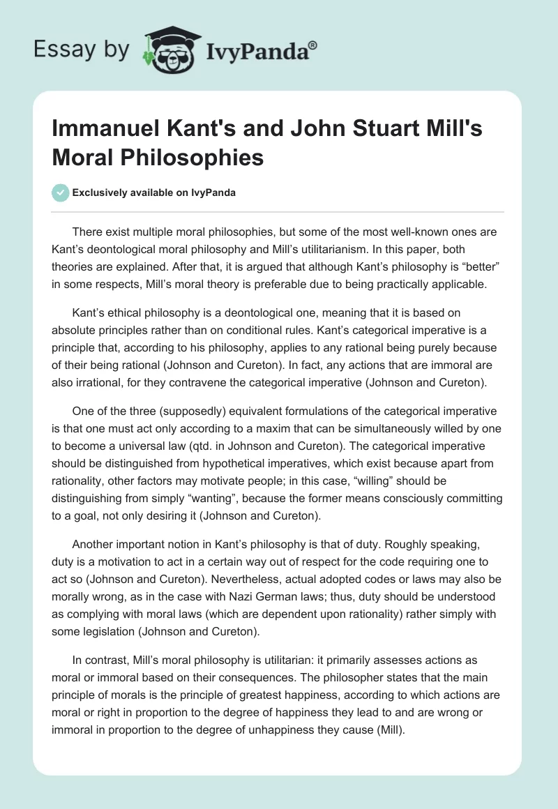 Immanuel Kant's and John Stuart Mill's Moral Philosophies. Page 1