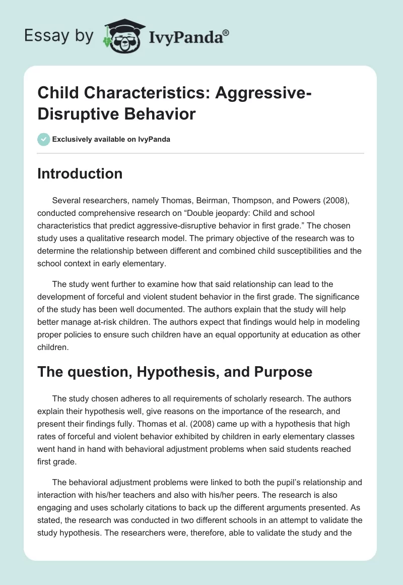 Child Characteristics: Aggressive-Disruptive Behavior. Page 1