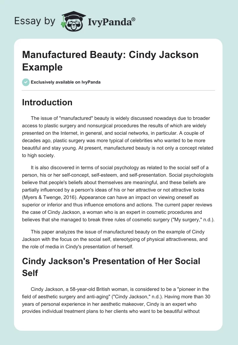 Manufactured Beauty: Cindy Jackson Example. Page 1