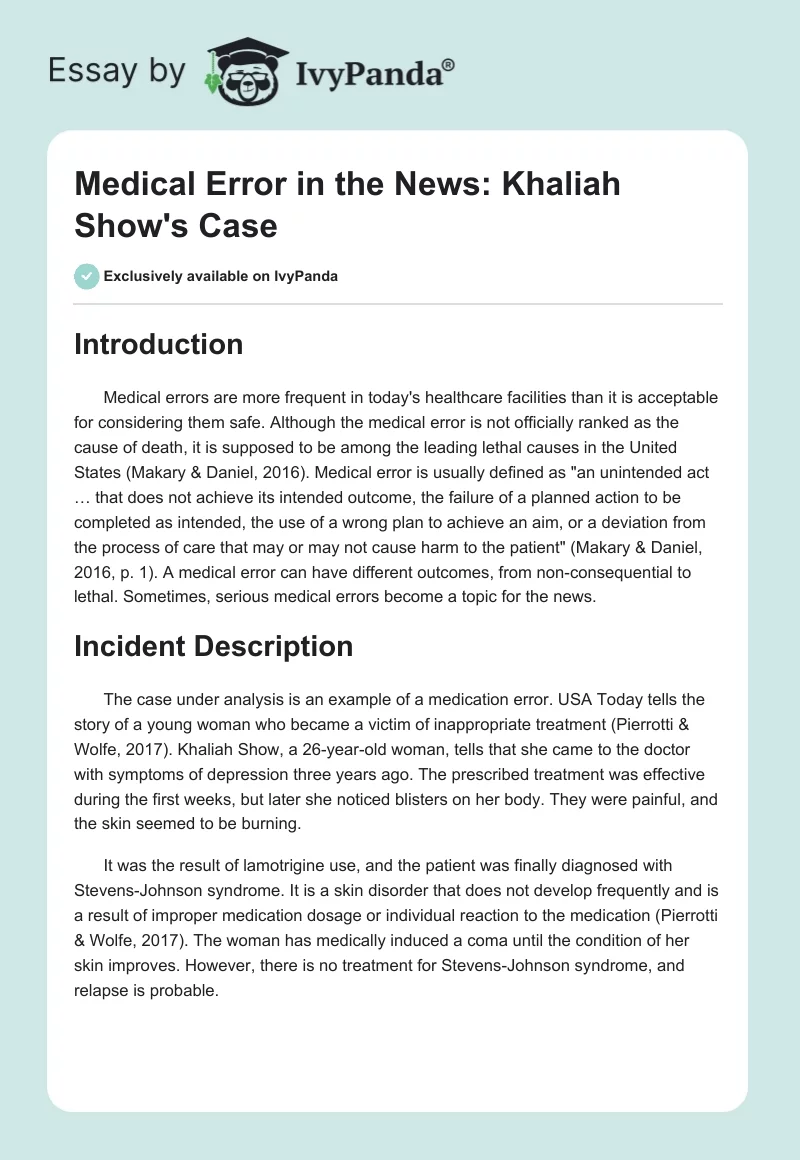 Medical Error in the News: Khaliah Show's Case. Page 1