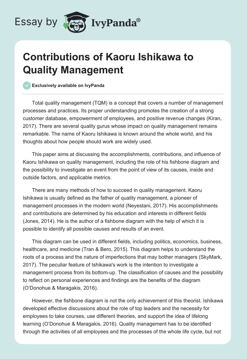 Contributions of Kaoru Ishikawa to Quality Management. Page 1