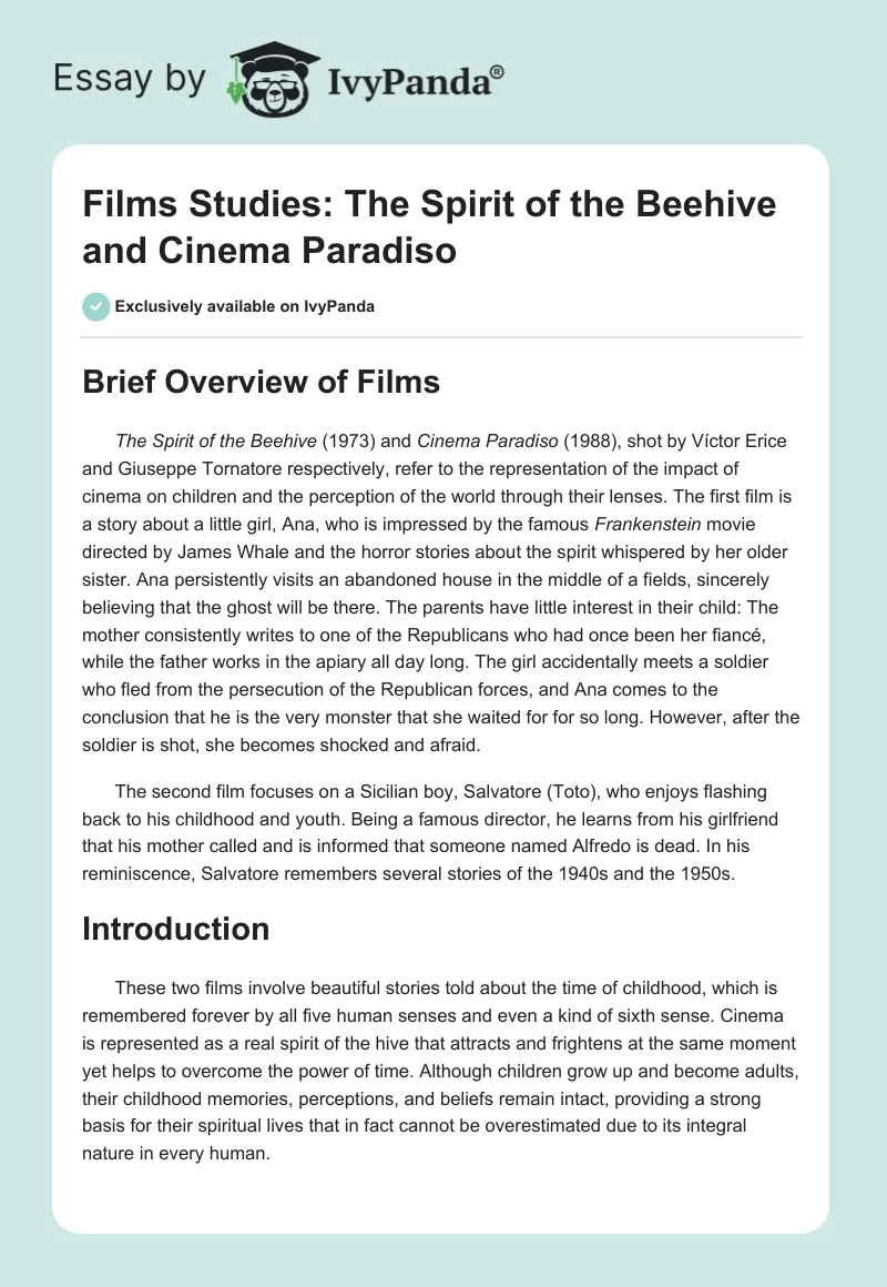 Films Studies: The Spirit of the Beehive and Cinema Paradiso. Page 1