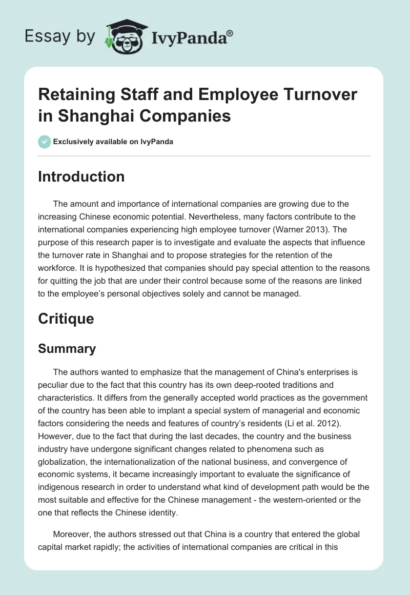 Retaining Staff and Employee Turnover in Shanghai Companies. Page 1