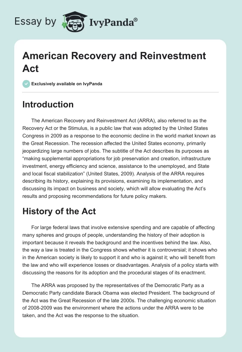 American Recovery and Reinvestment Act. Page 1