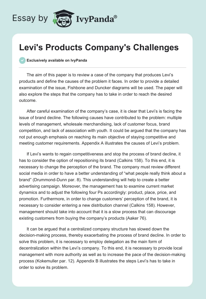 Levi's Products Company's Challenges. Page 1
