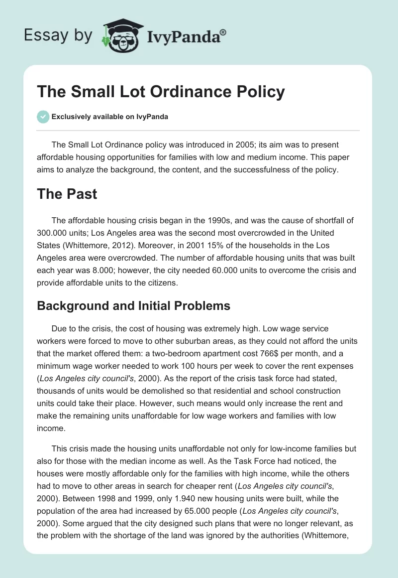 The Small Lot Ordinance Policy. Page 1