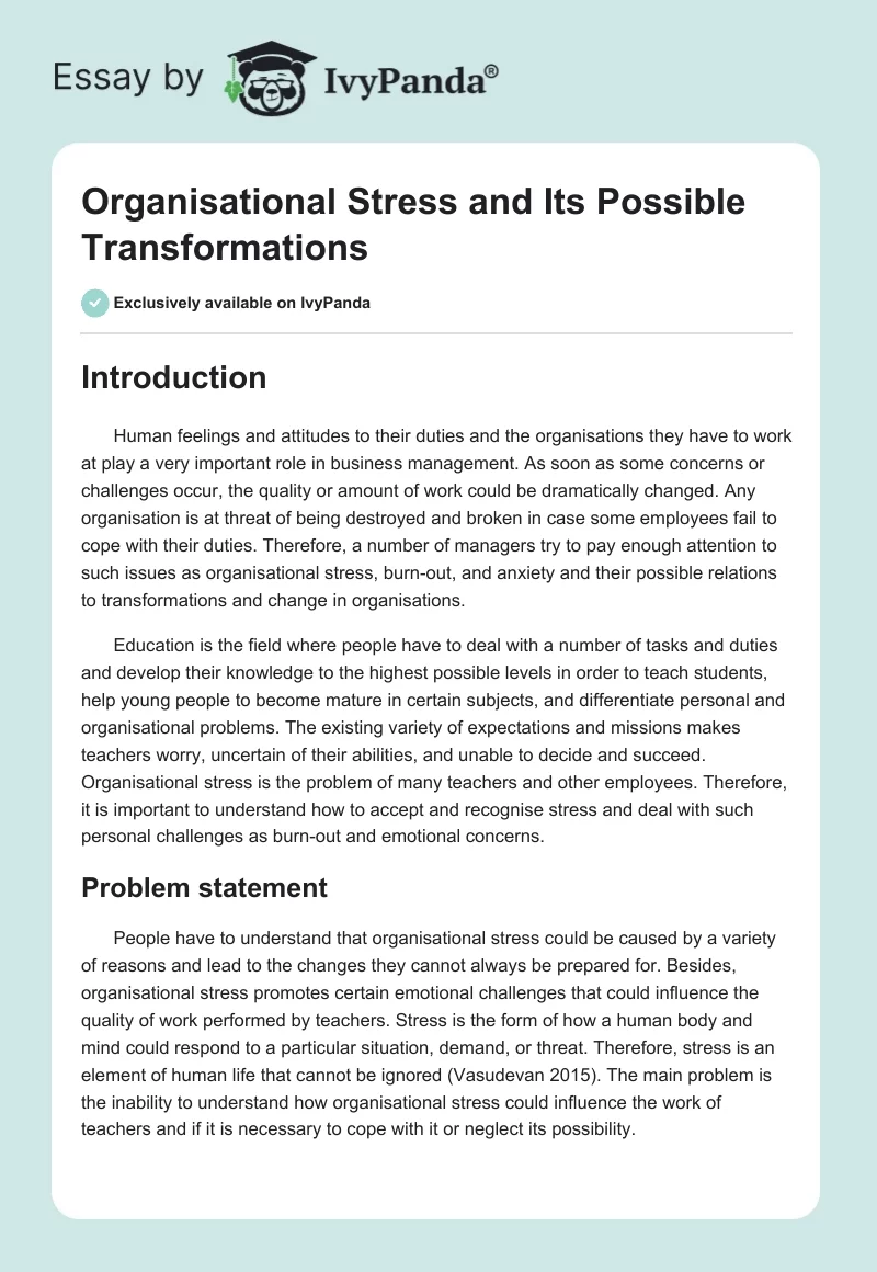 Organisational Stress and Its Possible Transformations. Page 1