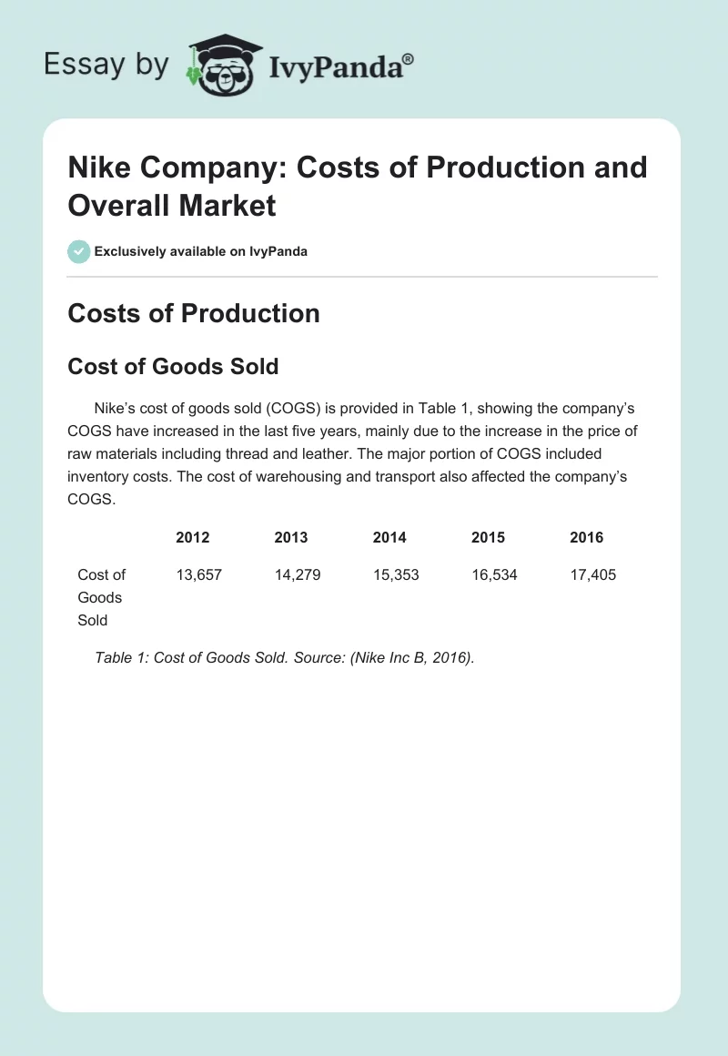 Nike Company: Costs of Production and Overall Market. Page 1