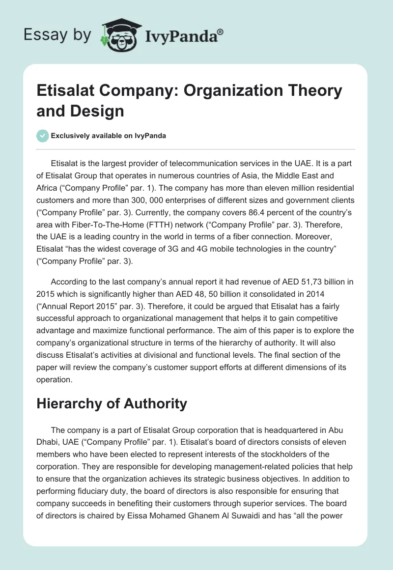 Etisalat Company: Organization Theory and Design. Page 1