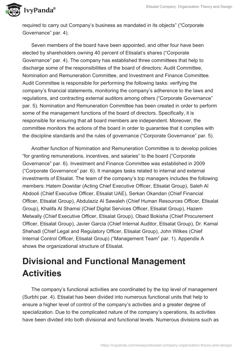 Etisalat Company: Organization Theory and Design. Page 2