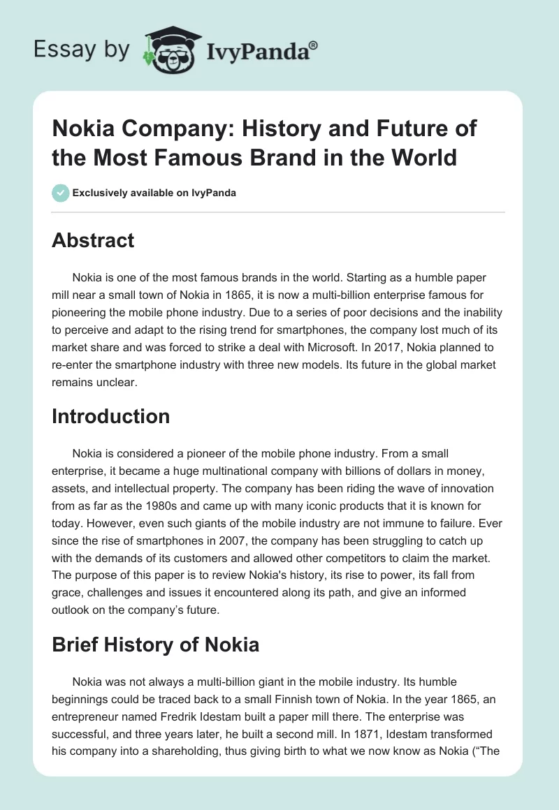 Nokia Company: History and Future of the Most Famous Brand in the World. Page 1
