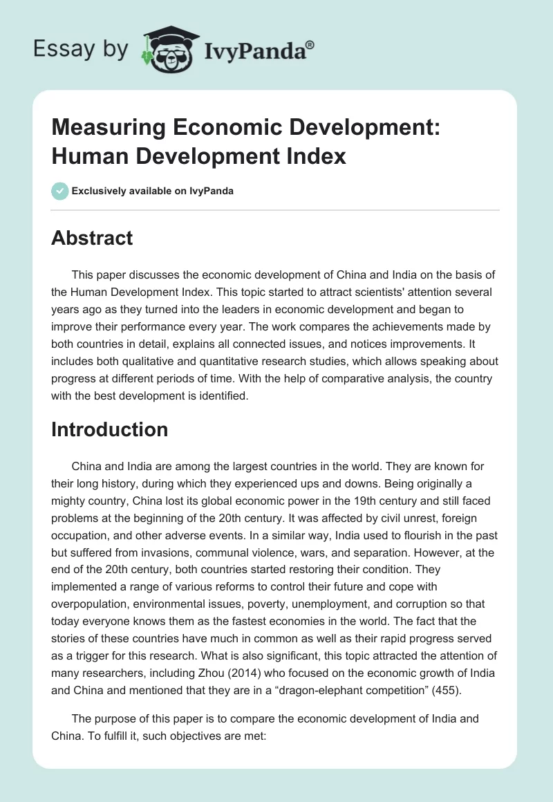 Measuring Economic Development: Human Development Index. Page 1