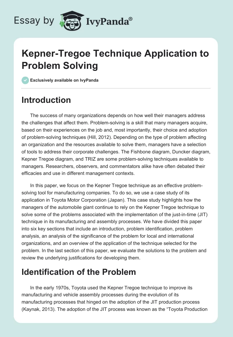 Kepner-Tregoe Technique Application to Problem Solving. Page 1