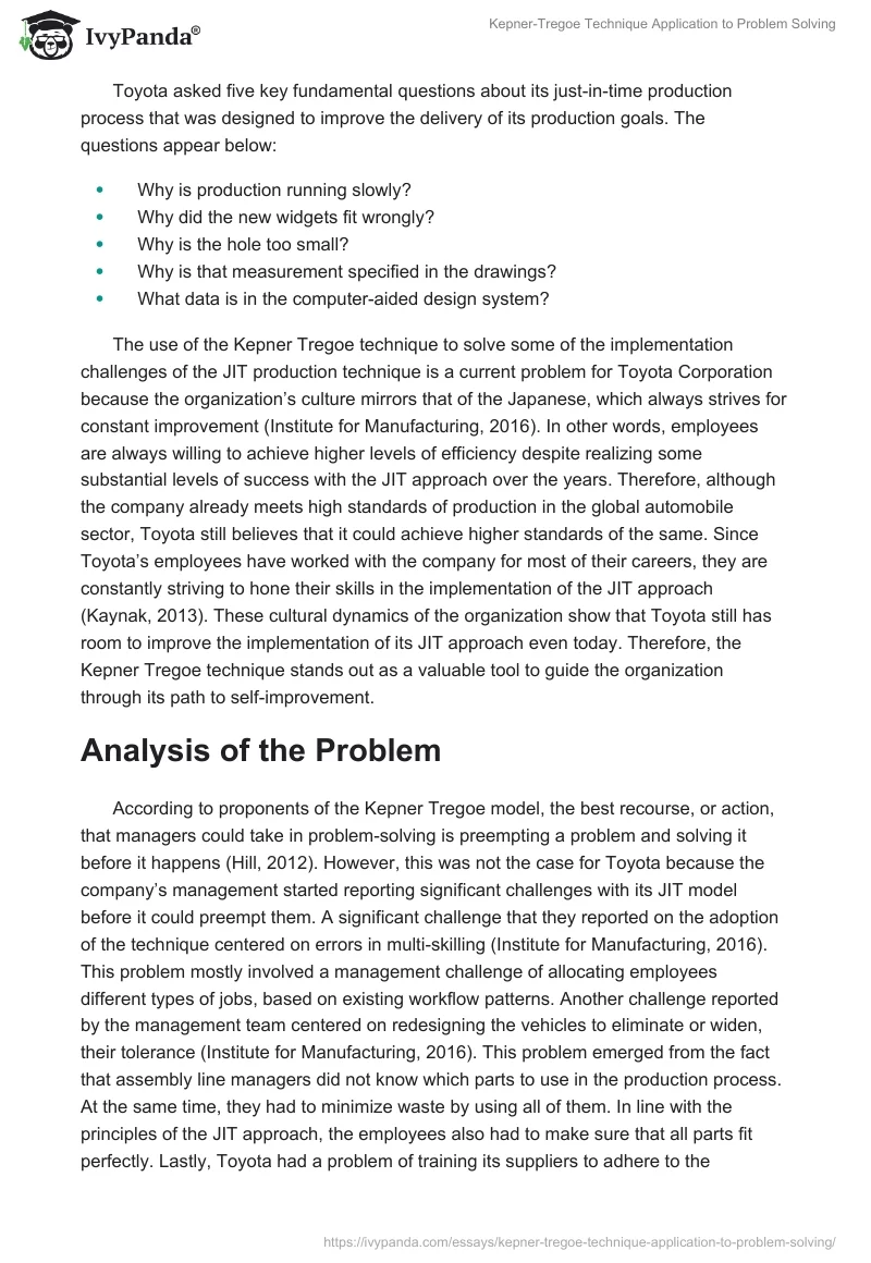 Kepner-Tregoe Technique Application to Problem Solving. Page 3