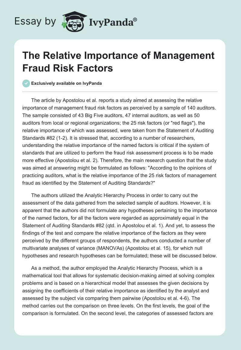 The Relative Importance of Management Fraud Risk Factors. Page 1