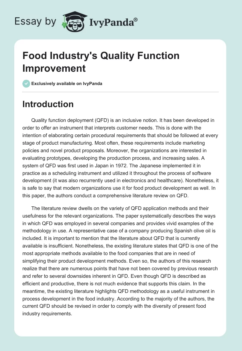 Food Industry's Quality Function Improvement. Page 1
