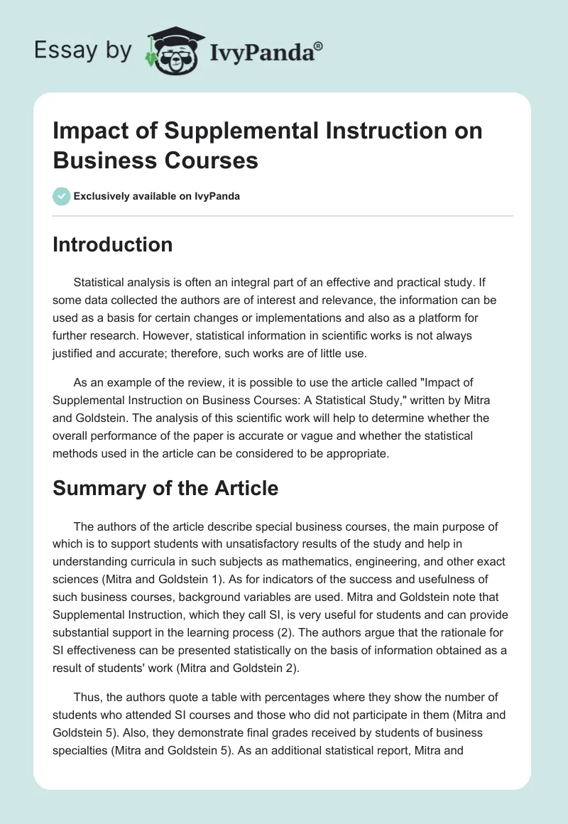Impact of Supplemental Instruction on Business Courses. Page 1