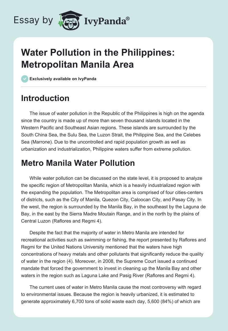 Water Pollution in the Philippines: Metropolitan Manila Area. Page 1