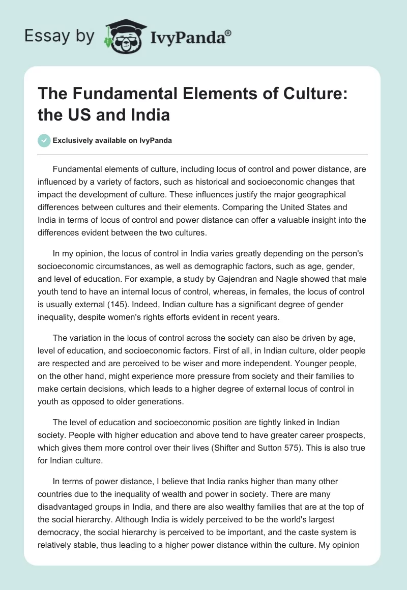 The Fundamental Elements of Culture: the US and India. Page 1