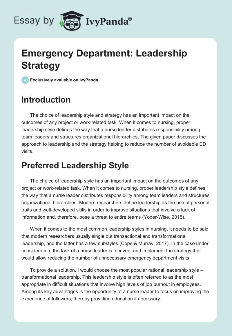 Emergency Department: Leadership Strategy. Page 1