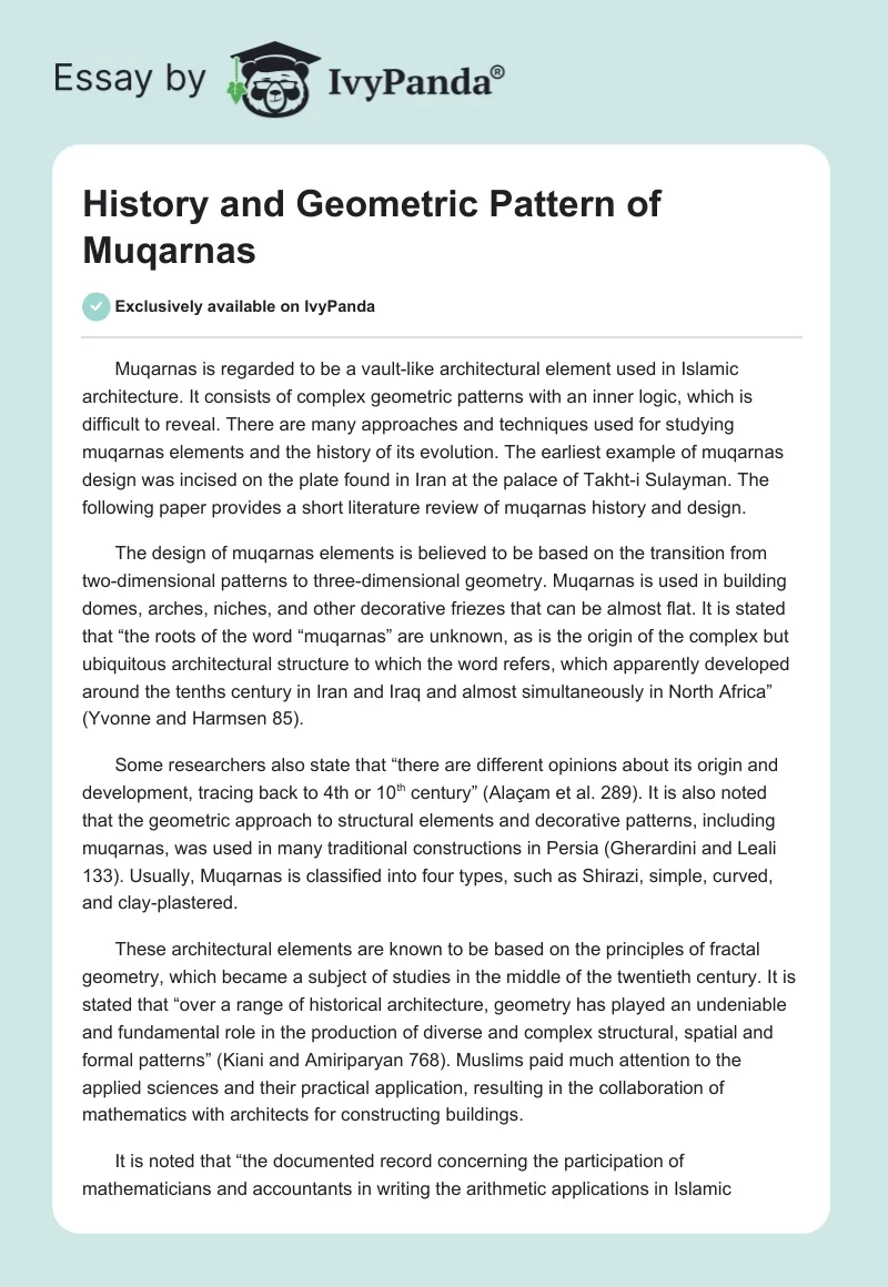 History and Geometric Pattern of Muqarnas. Page 1