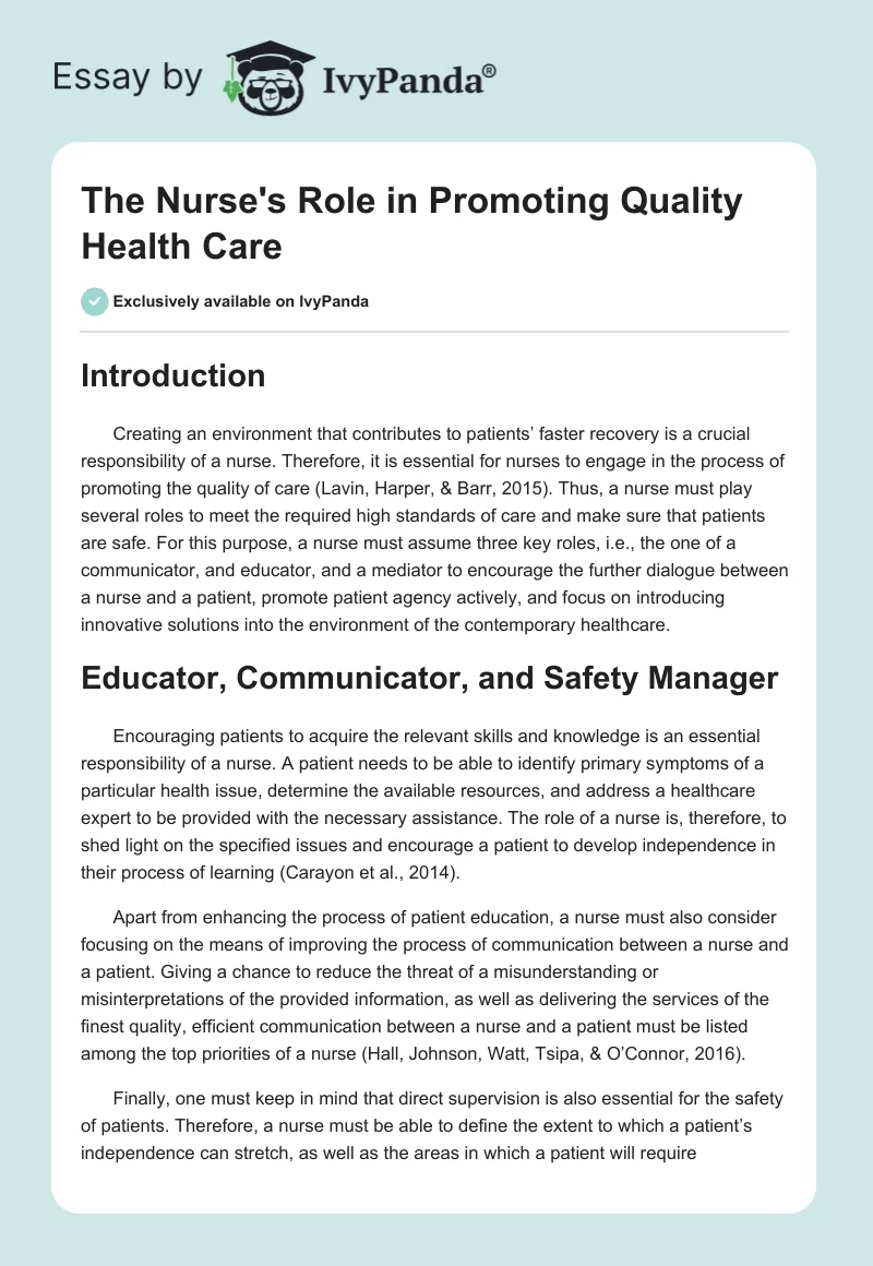 The Nurse's Role in Promoting Quality Health Care. Page 1