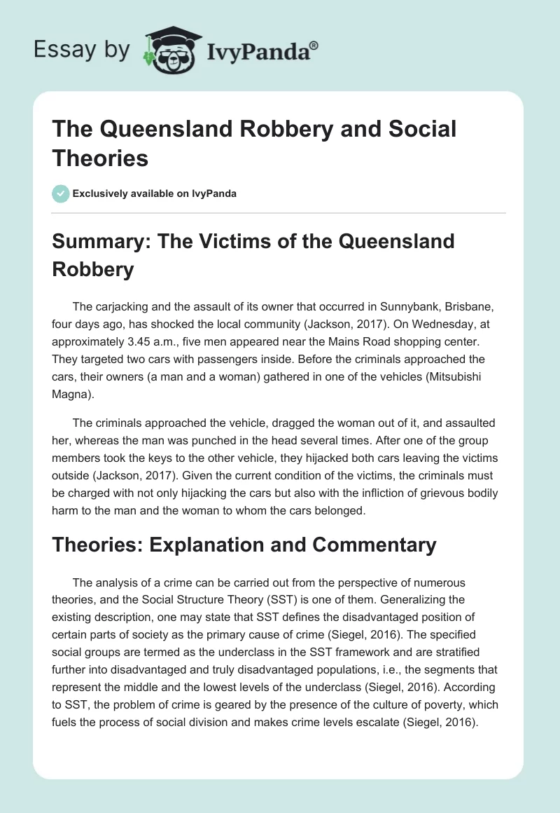 The Queensland Robbery and Social Theories. Page 1