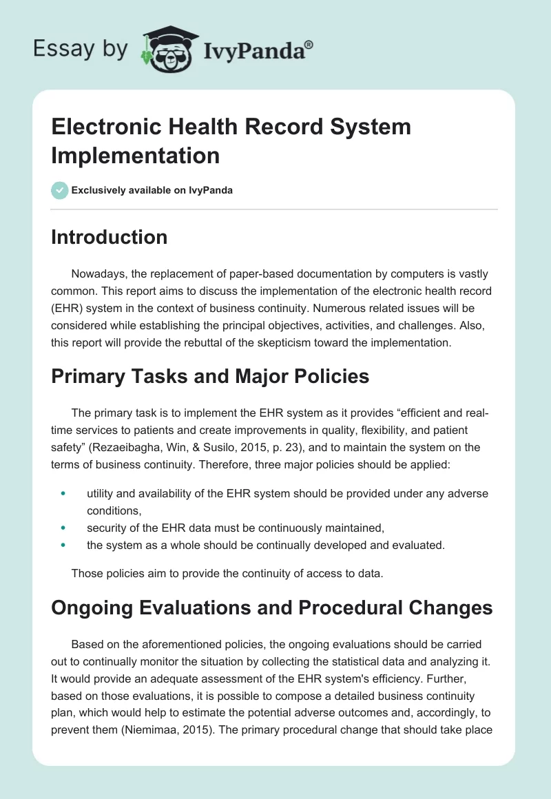 Electronic Health Record System Implementation. Page 1