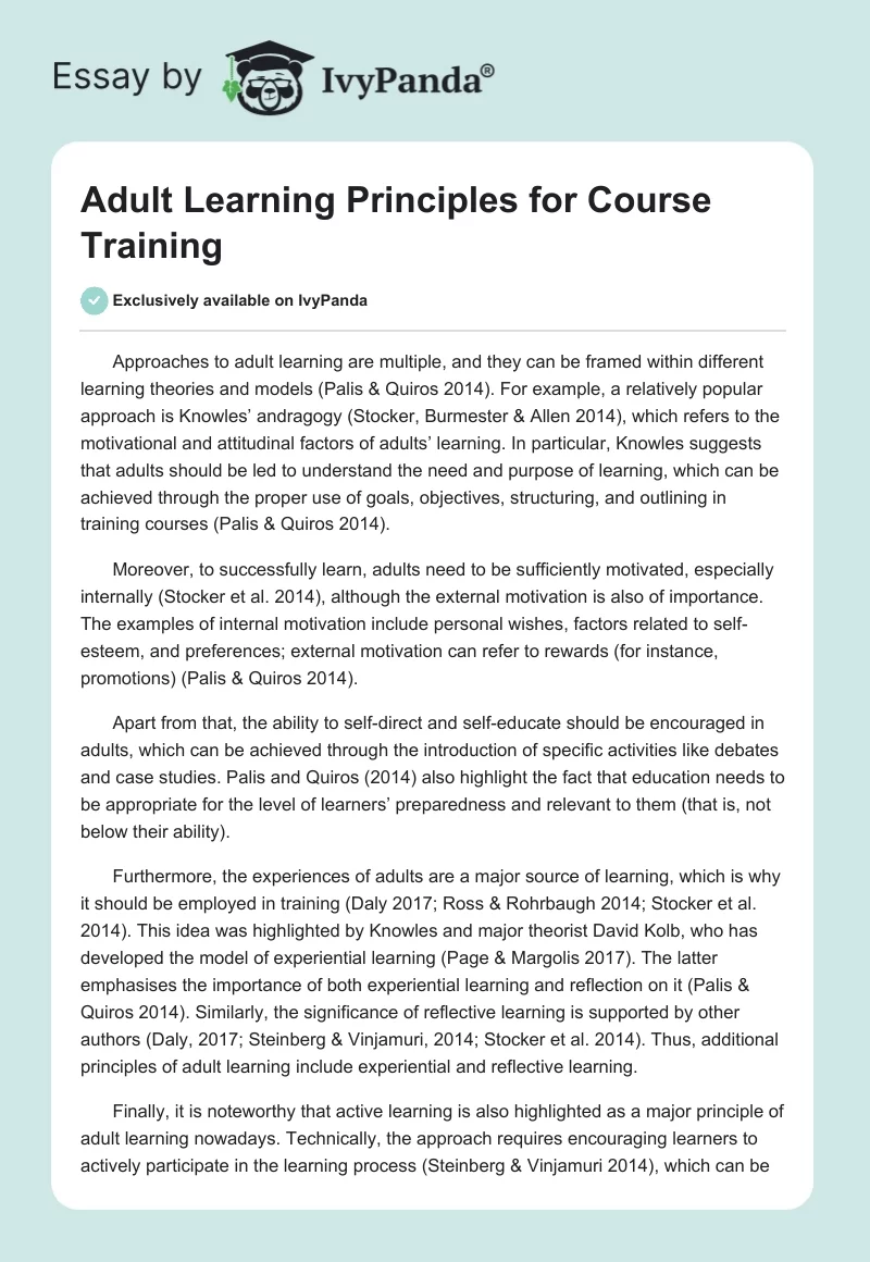 Adult Learning Principles for Course Training. Page 1