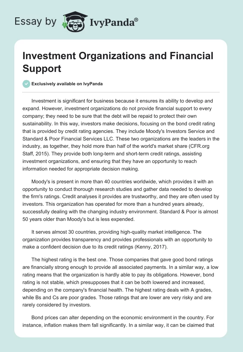 Investment Organizations and Financial Support. Page 1