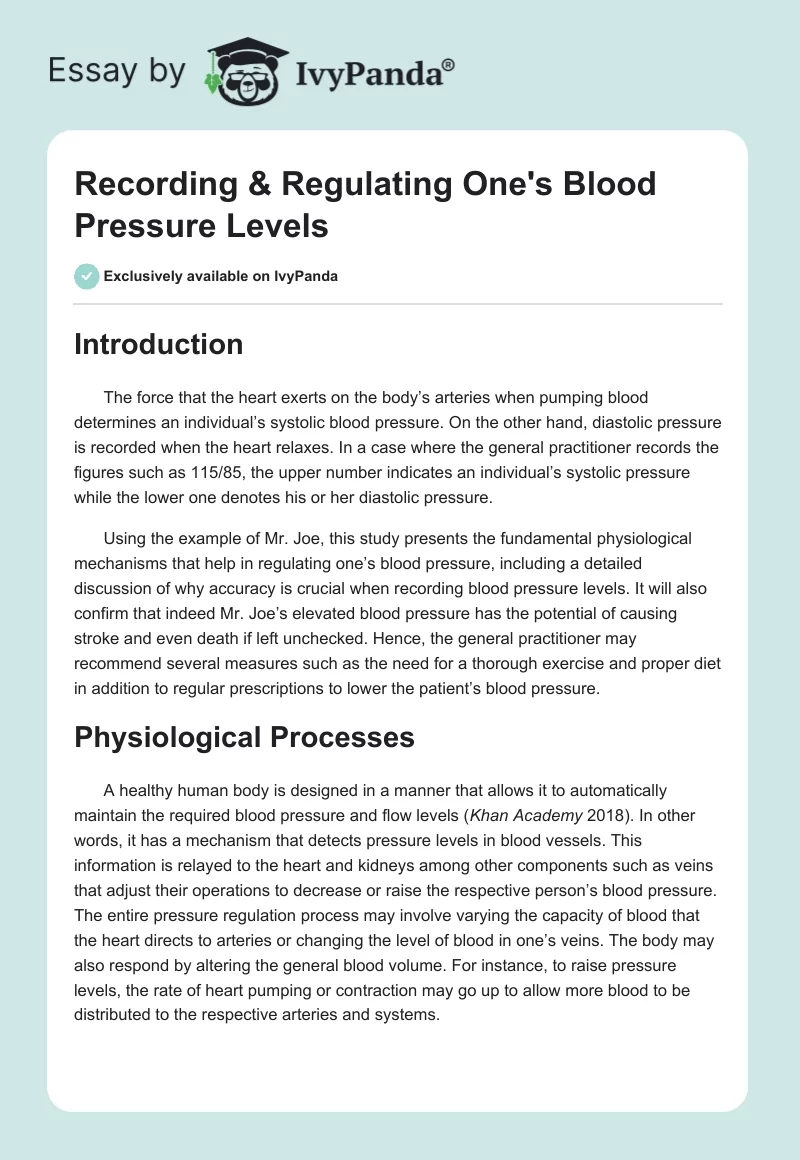 Recording & Regulating One's Blood Pressure Levels. Page 1
