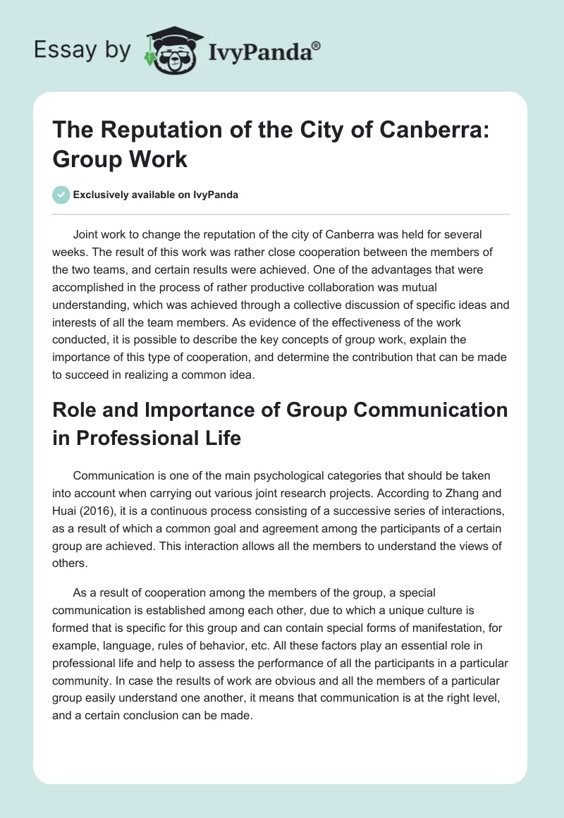 The Reputation of the City of Canberra: Group Work. Page 1