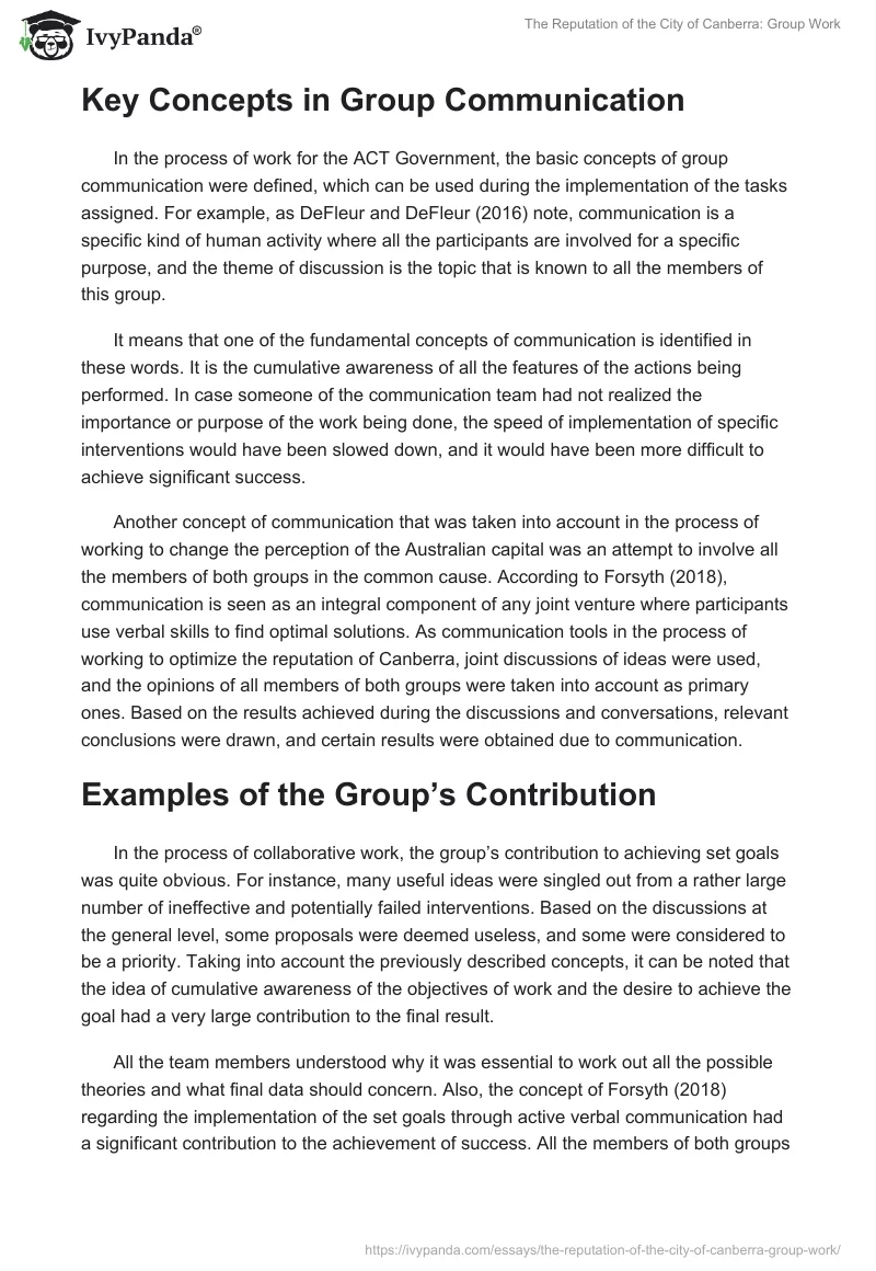 The Reputation of the City of Canberra: Group Work. Page 2
