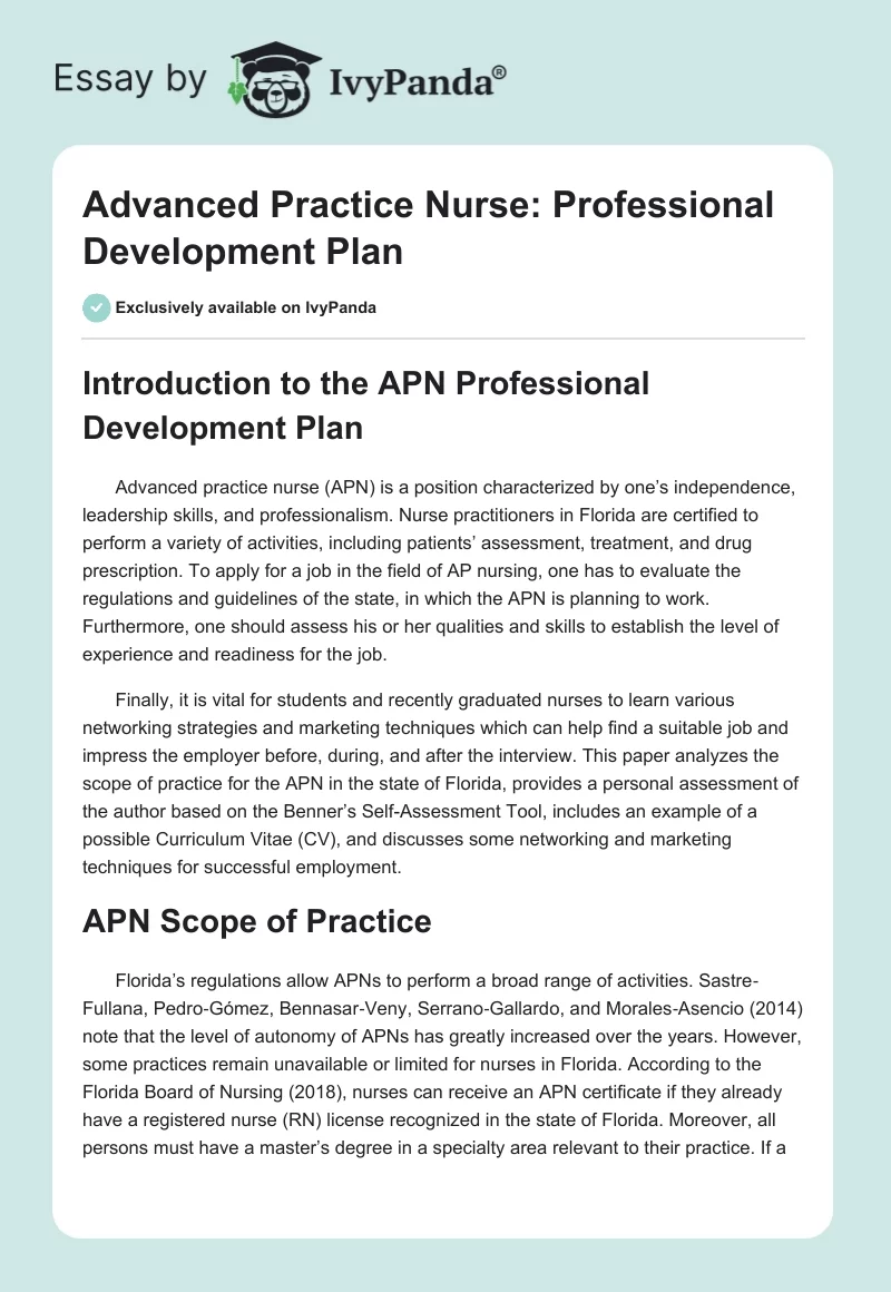 Advanced Practice Nurse: Professional Development Plan. Page 1