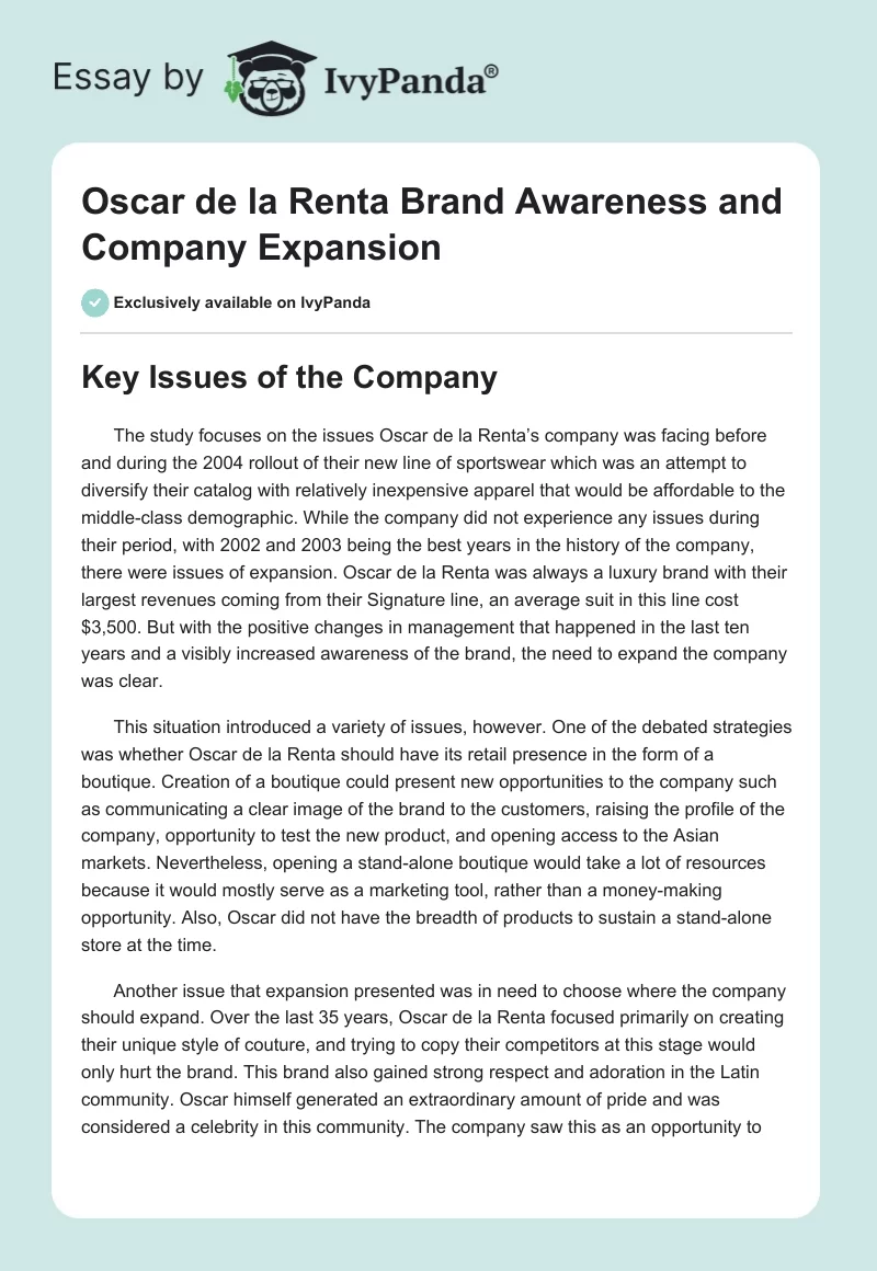 Oscar de la Renta Brand Awareness and Company Expansion. Page 1