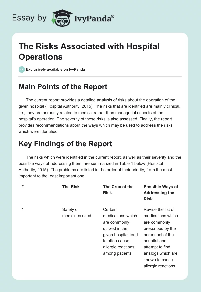 The Risks Associated With Hospital Operations. Page 1