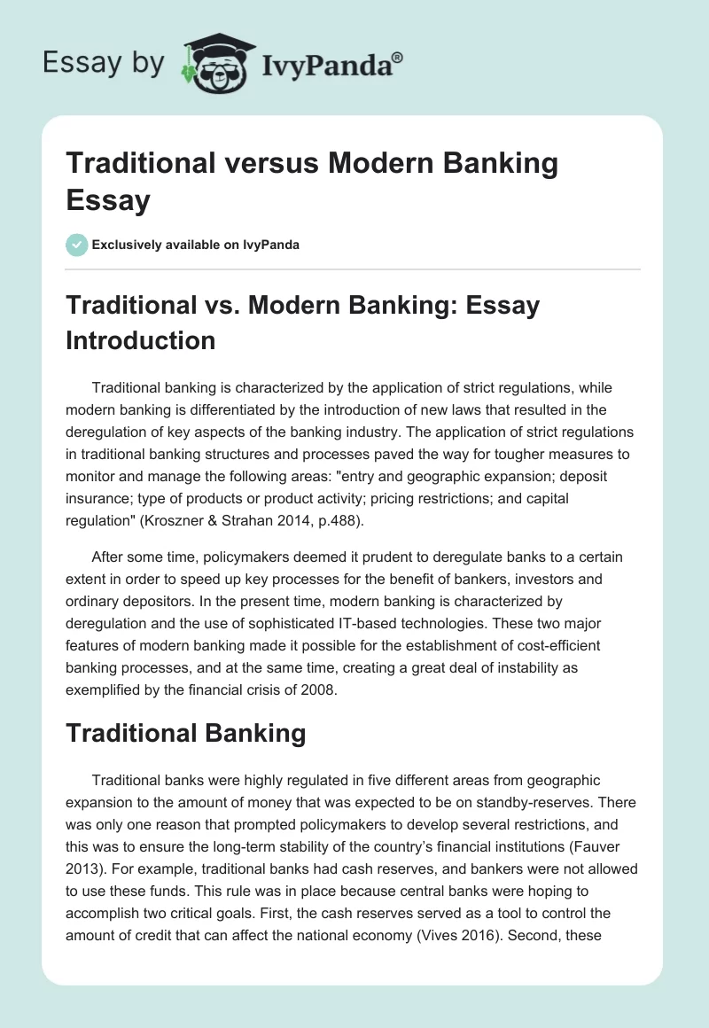 Traditional Versus Modern Banking Essay. Page 1
