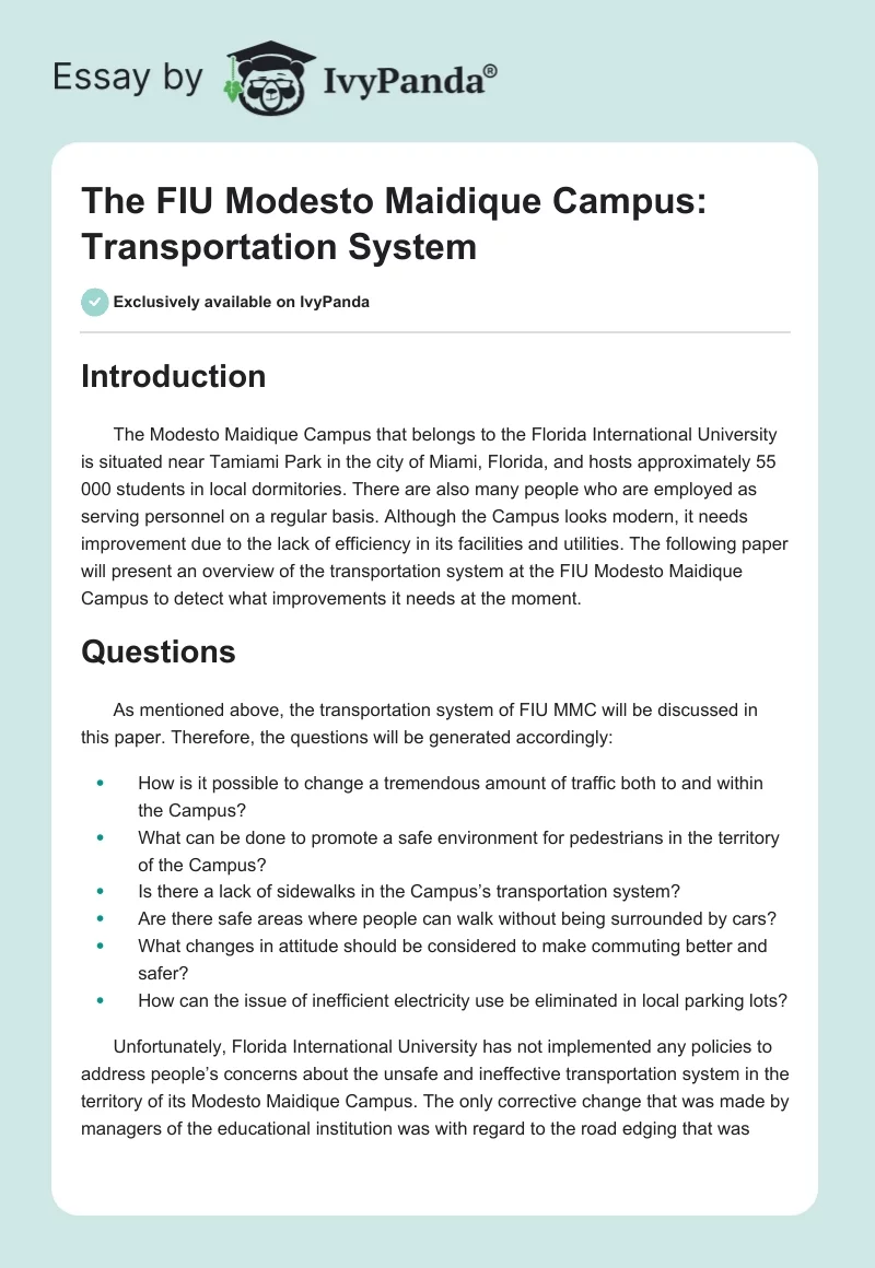 The FIU Modesto Maidique Campus: Transportation System. Page 1