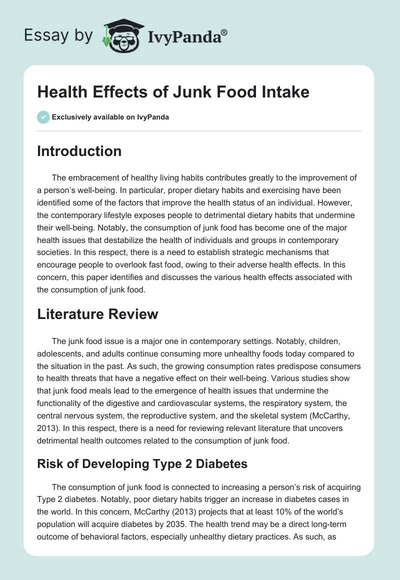 Health Effects of Junk Food Intake. Page 1