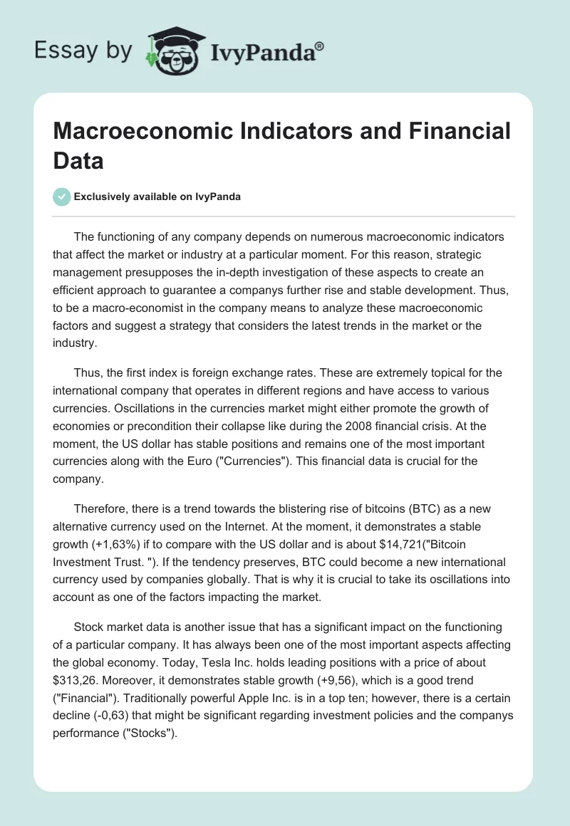 Macroeconomic Indicators and Financial Data. Page 1