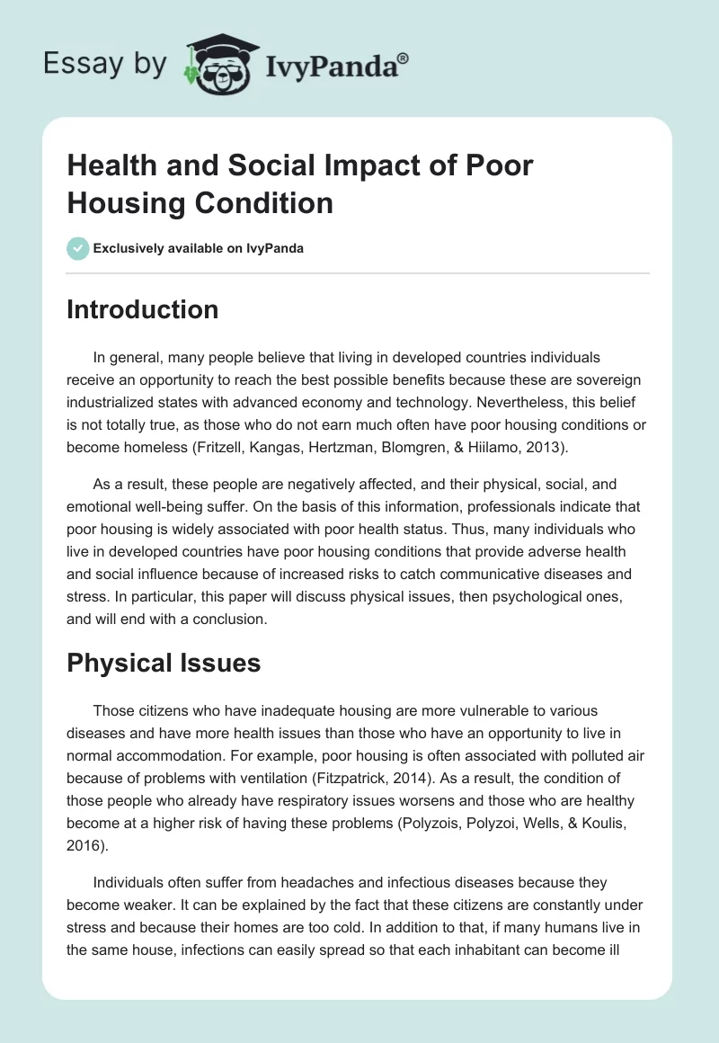 Health and Social Impact of Poor Housing Condition. Page 1