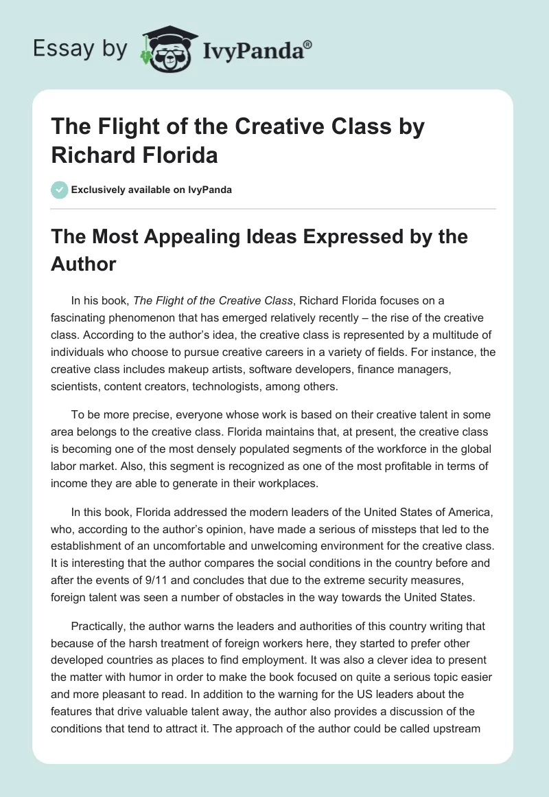 "The Flight of the Creative Class" by Richard Florida. Page 1