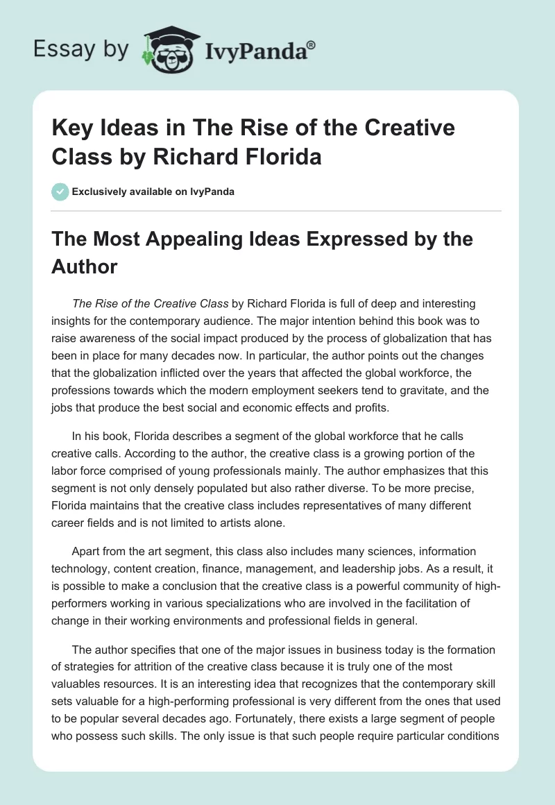 Key Ideas in "The Rise of the Creative Class" by Richard Florida. Page 1