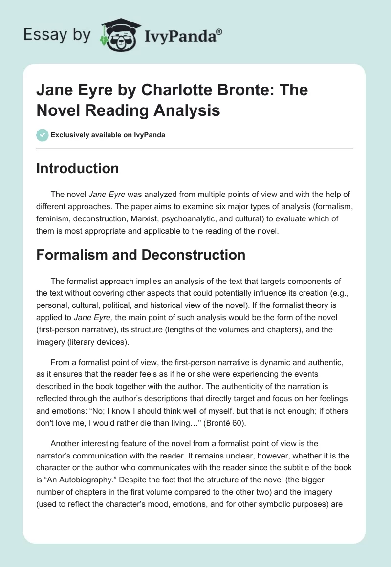 Jane Eyre by Charlotte Bronte: The Novel Reading Analysis. Page 1