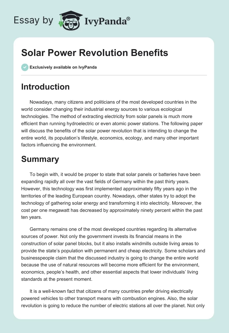 Solar Power Revolution Benefits. Page 1